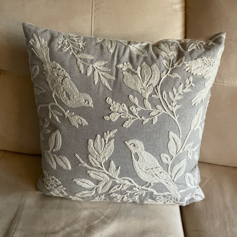Gray and Cream Embroidered Bird & Botanical Throw Pillow